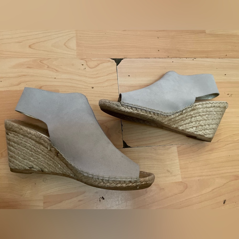 MAYPOL Light Gray Leather Espadrille Wedges Sz 39 Or 8.5 Women Peep Toe 3” Heels